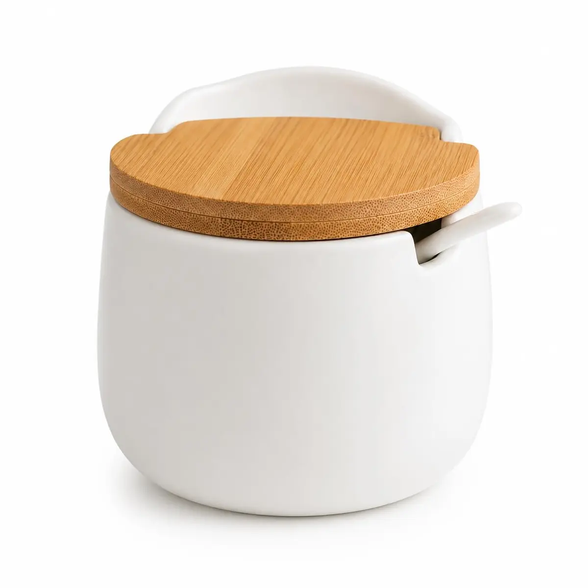 Saleiro de Cerâmica Redondo Porcelana De Mesa com Tampa de Bambu Branco Colher Cozinha Temperos