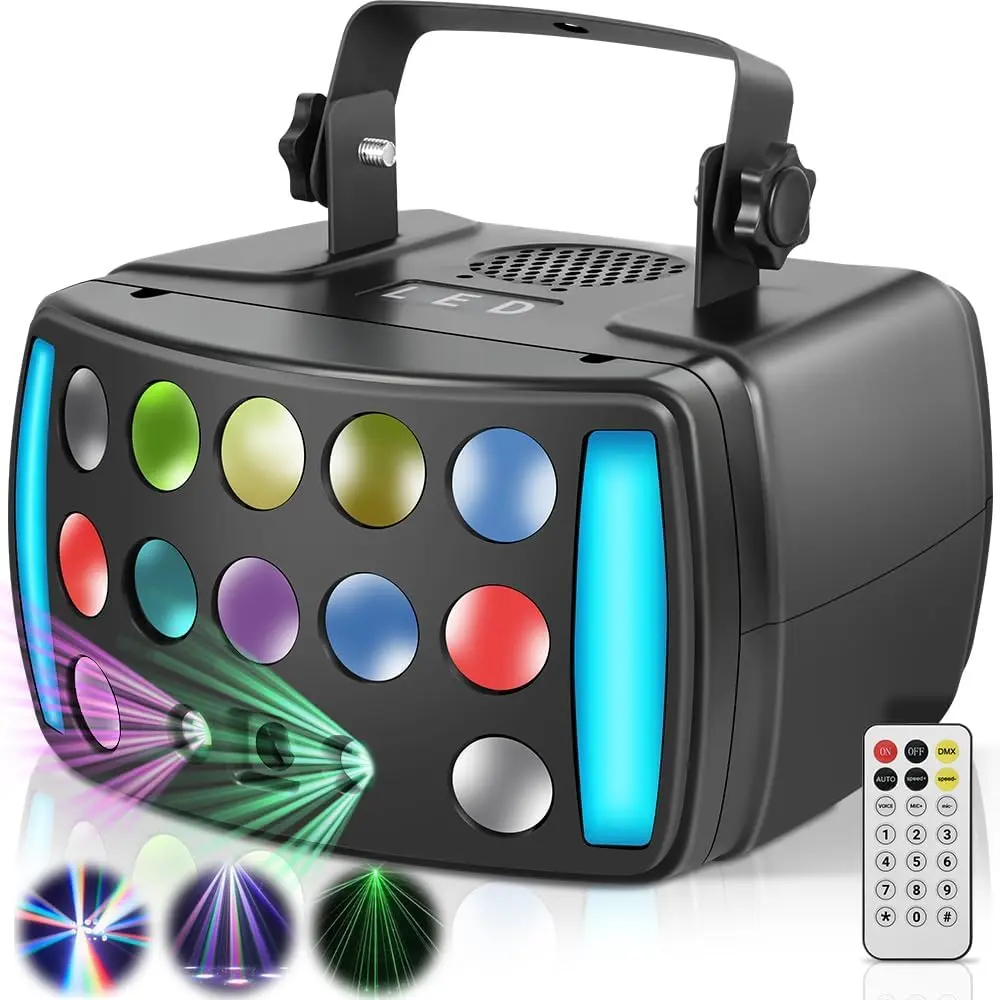 Jogo de Luzes para Festa, 110V-220V, 50W com Controle DMX512, Som e Remoto, 2xRGBW + Branco + Laser Vermelho/Verde, Multi Efeito Globo Led, Dimming 0-100%, Ideal para Shows, Bares e Eventos