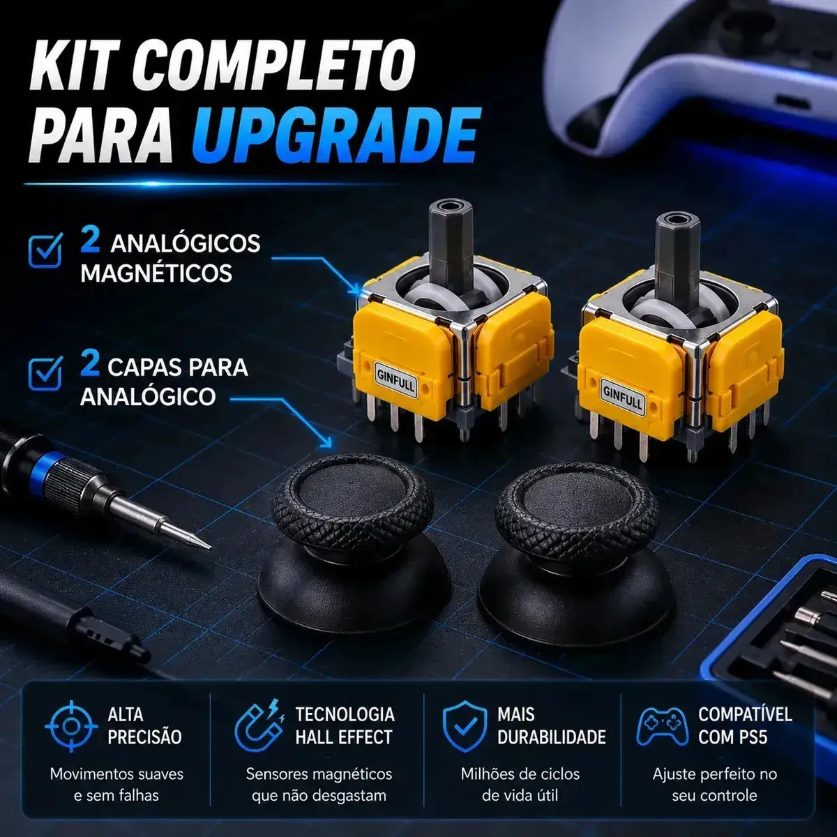 Kit 2 Analógicos Magnéticos Hall Effect para Controle PS5 DualSense Alta Precisão Anti Drift Reposição Joystick thumbnail 2