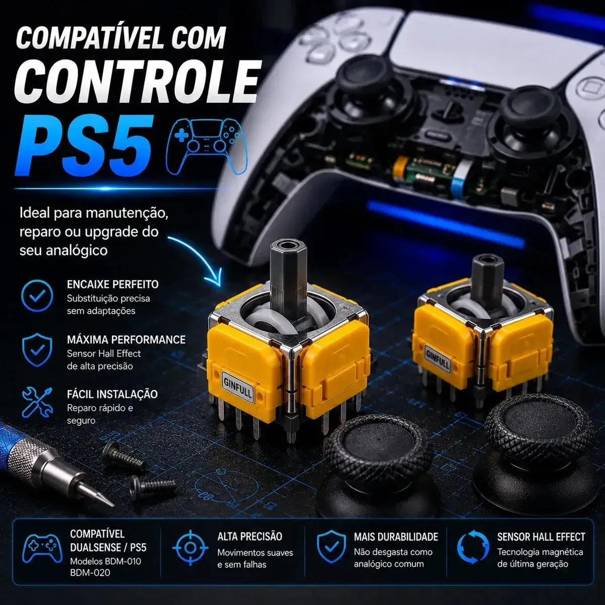 Kit 2 Analógicos Magnéticos Hall Effect para Controle PS5 DualSense Alta Precisão Anti Drift Reposição Joystick thumbnail 3