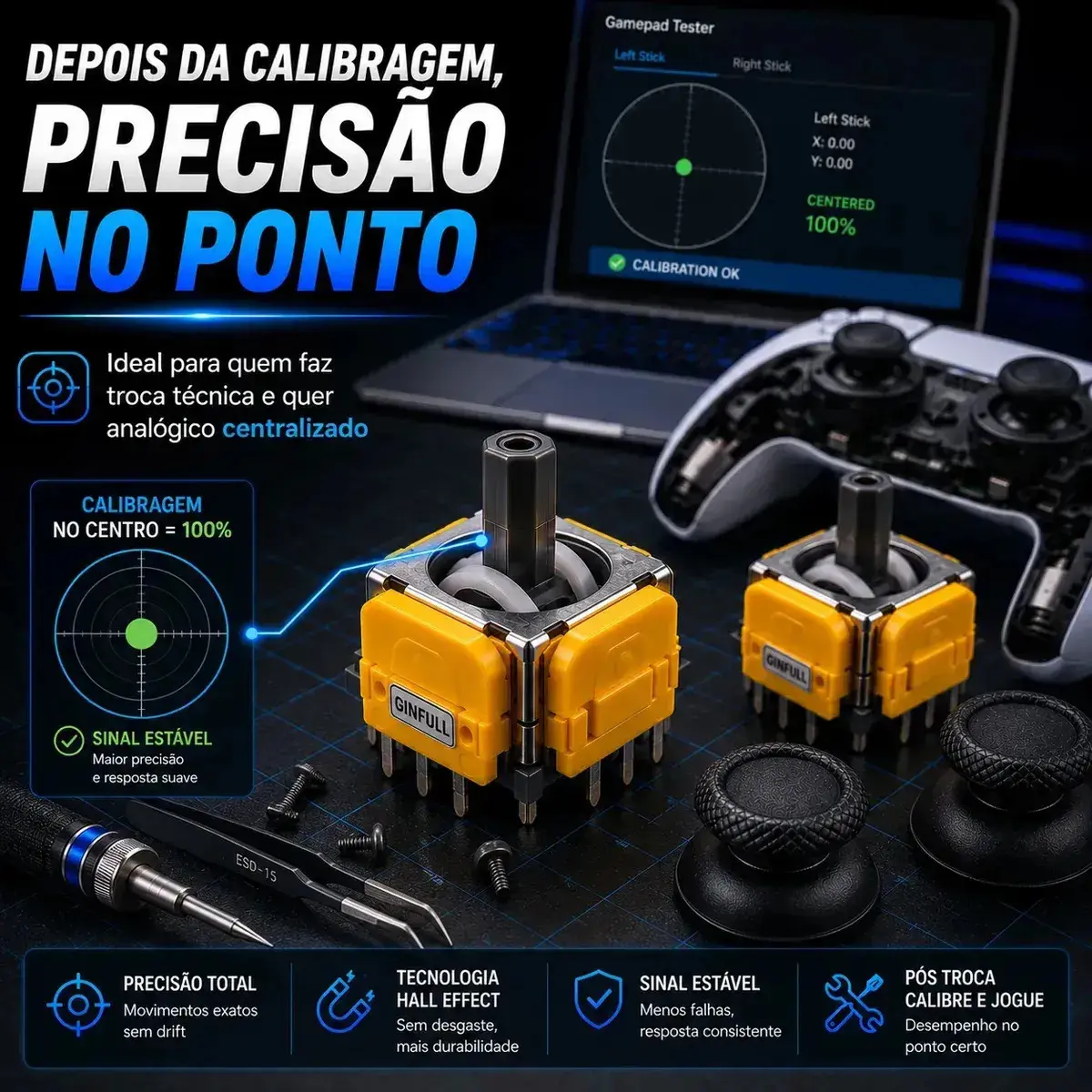 Kit 2 Analógicos Magnéticos Hall Effect para Controle PS5 DualSense Alta Precisão Anti Drift Reposição Joystick thumbnail 4