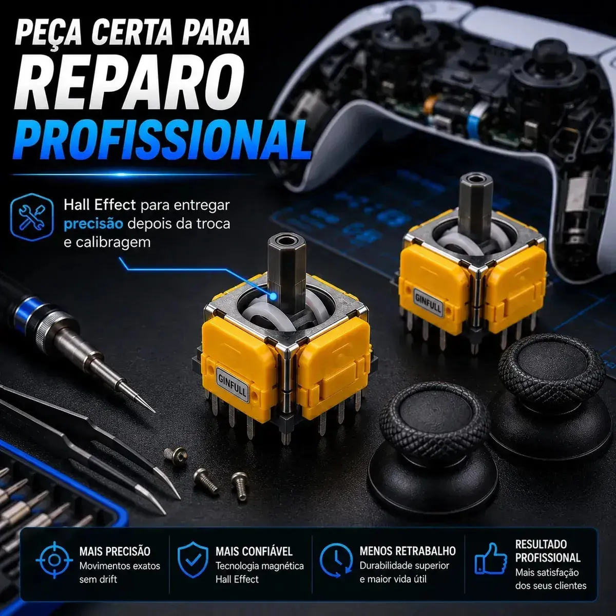 Kit 2 Analógicos Magnéticos Hall Effect para Controle PS5 DualSense Alta Precisão Anti Drift Reposição Joystick thumbnail 5