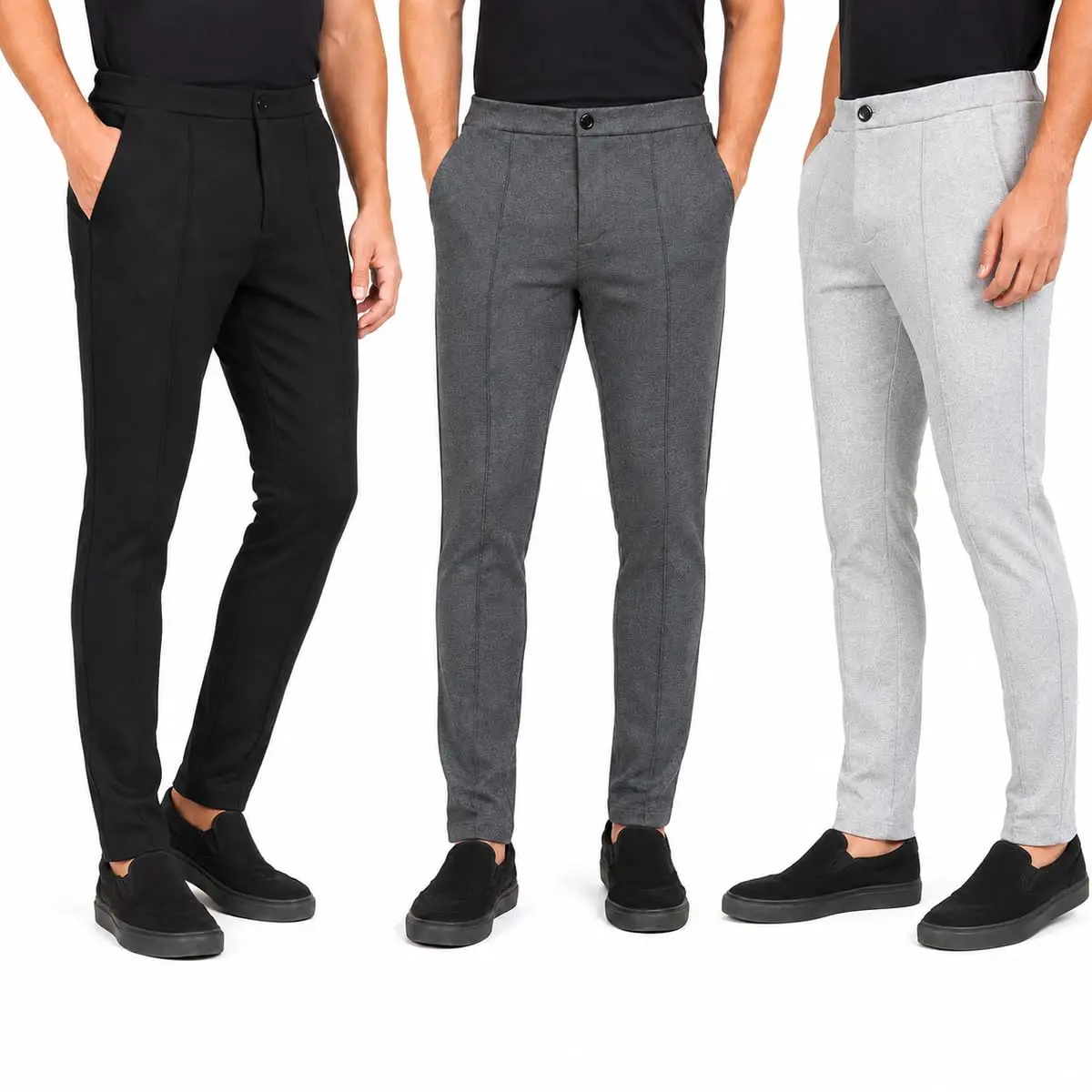Kit 3 Calças Alfaiataria Masculina Skinny Social Bolsos Funcionais Moletinho Hibrido Botão Frontal Decorativo Poliéster Macio - 1