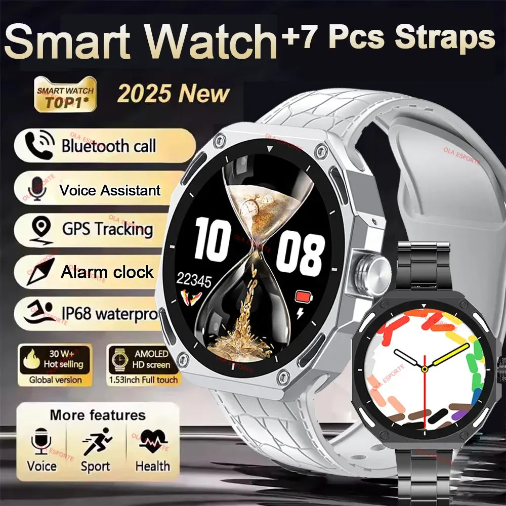 +7 Pulseiras Relógio Inteligente Tela AMOLED de 1,52'' Menu 3D Monitor de Frequência Cardíaca Resistente à Água 5 ATM GPS Chamadas Telefônicas Smartwatch Masculino Feminino Novo Ht30