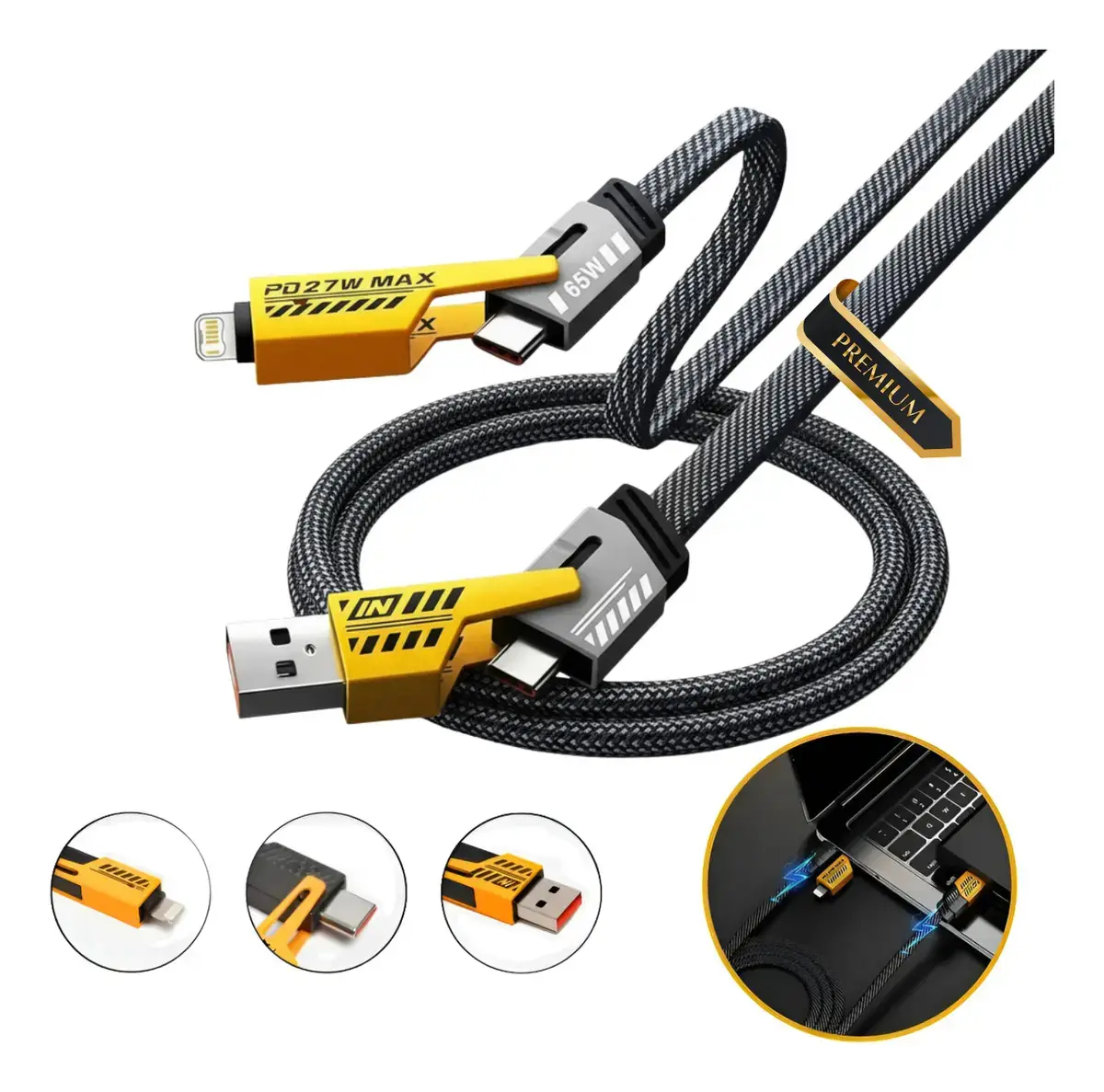 Cabo Usb Turbo 65w Carregador 4 Em 1 Tipo C Dados Carregamento Rápido Compatível Com iPhone 11 12 13 14 15 16 17 Pro Max Samsung Motorola Xiaomi Apple Carplay Ps5 Premium Reforçado Preto Ice Coorel