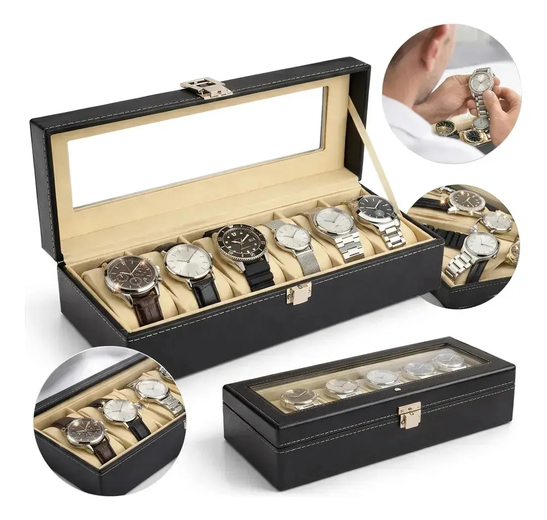 Caixa Maleta Estojo Porta Relógios Couro Masculino Feminino Colecionador Organizador 6 Lugares Nichos Veludo Luxo Top Cor Preto Marca Topyhome