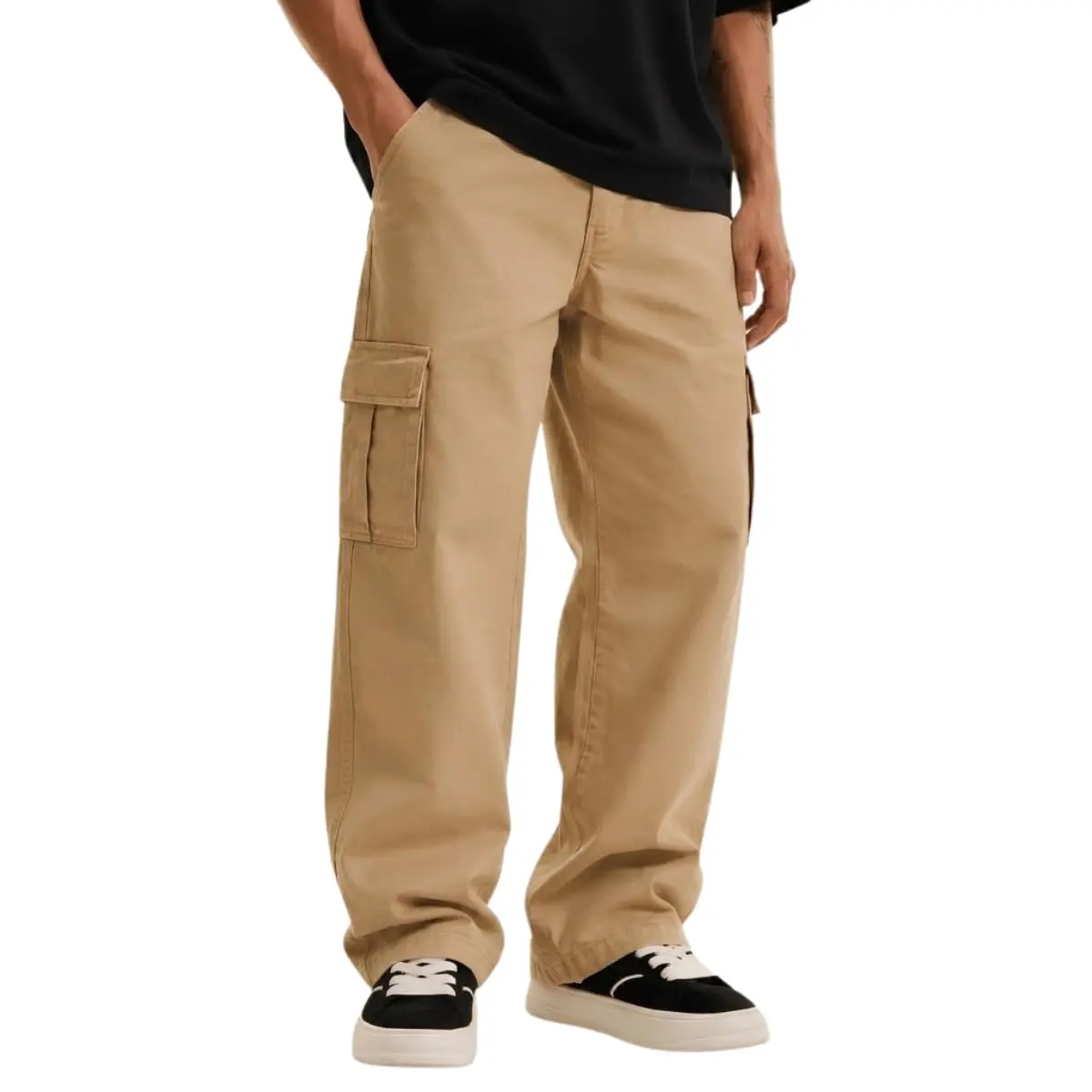 Calça Cargo Tática Sarja Larga Masculina Bolsos Laterais Skatista