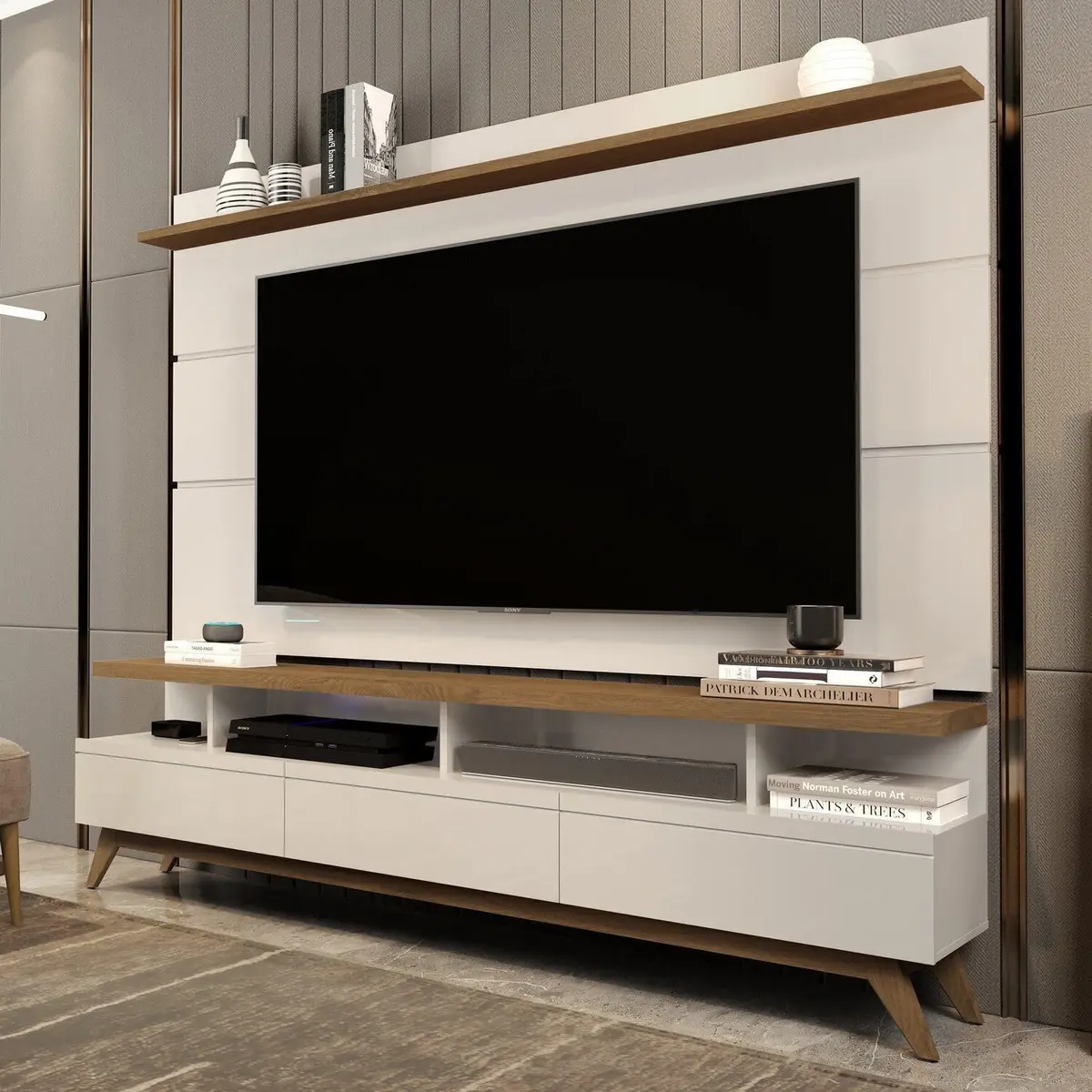 Rack com Painel para TV até 72 Polegadas 195cmx180cm Pés em Madeira Maciça Vivare Off White Freijó - 1
