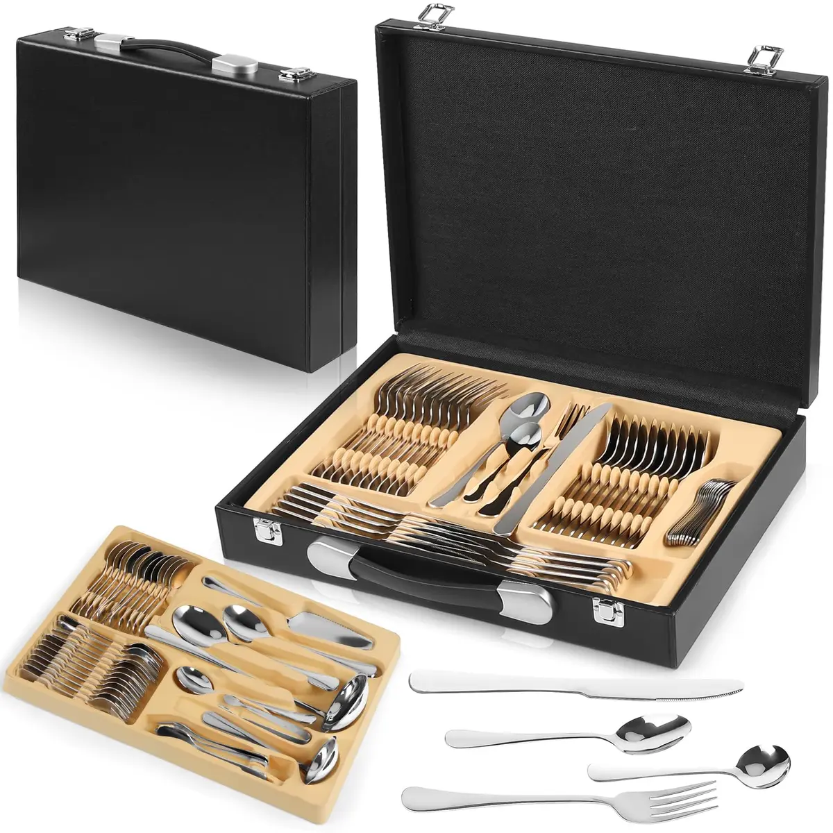 Gavzrt Faqueiro de Aço Inox 84 Peças, Jogo de Faqueiro Completo Inox com Maleta