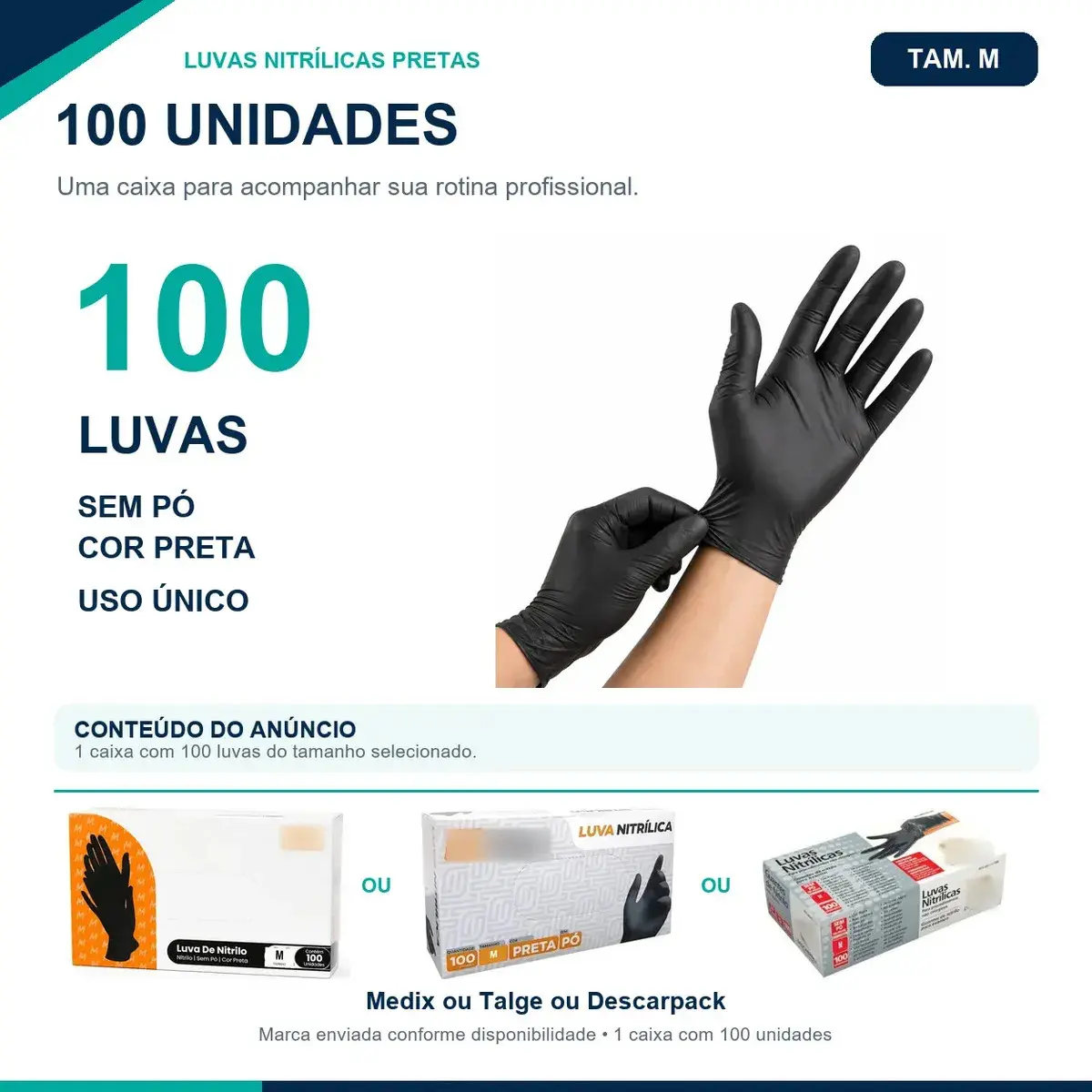 Luva Nitrílica Preta Descartável Tamanho M 100 Unidades antiderrapantes thumbnail 2