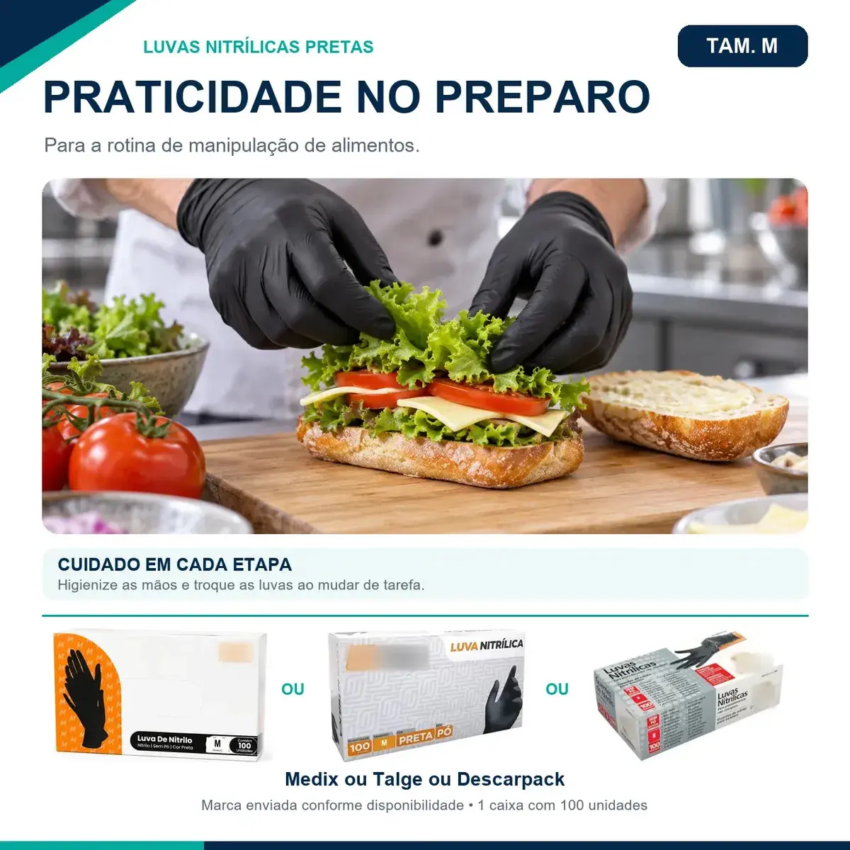 Luva Nitrílica Preta Descartável Tamanho M 100 Unidades antiderrapantes thumbnail 5