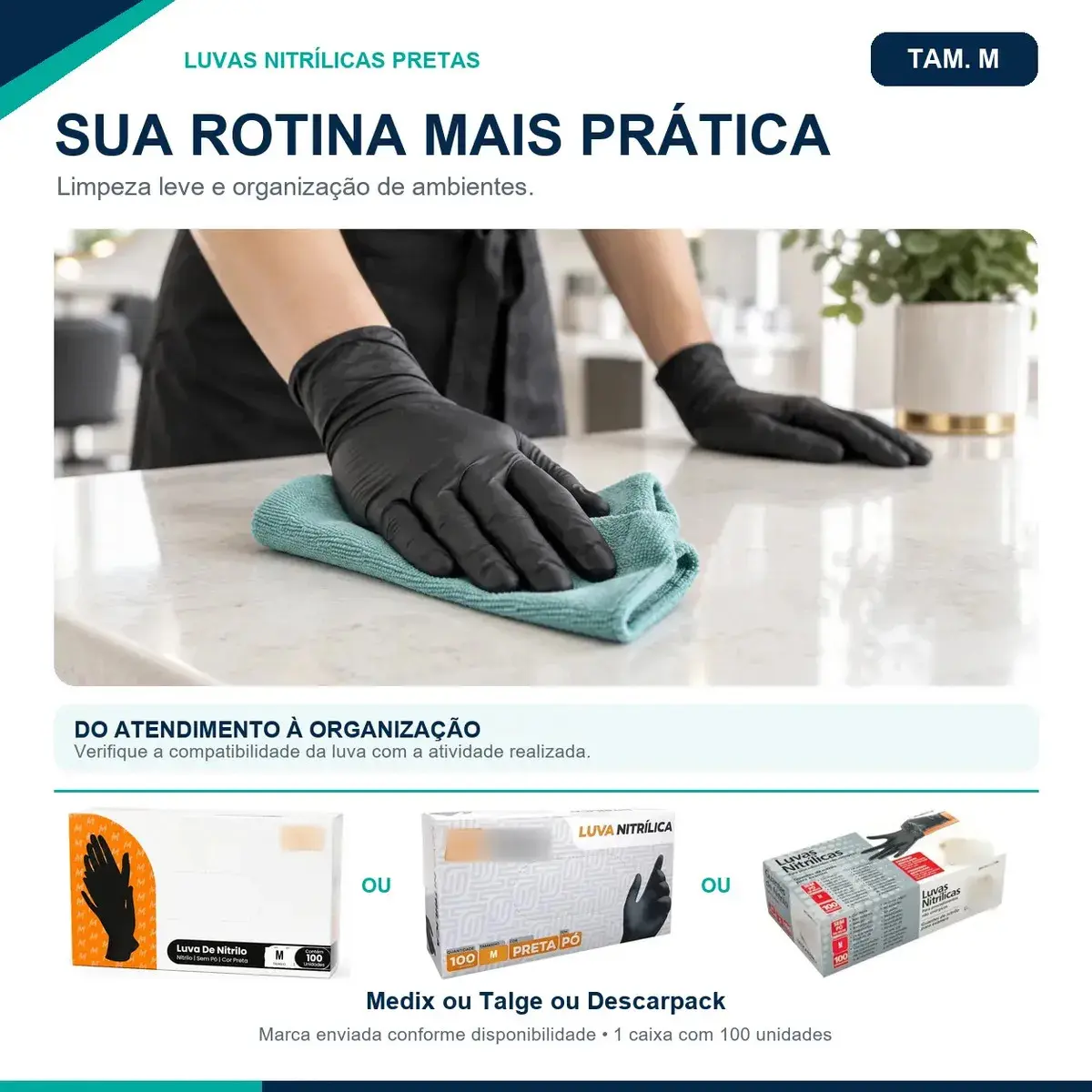 Luva Nitrílica Preta Descartável Tamanho M 100 Unidades antiderrapantes thumbnail 6