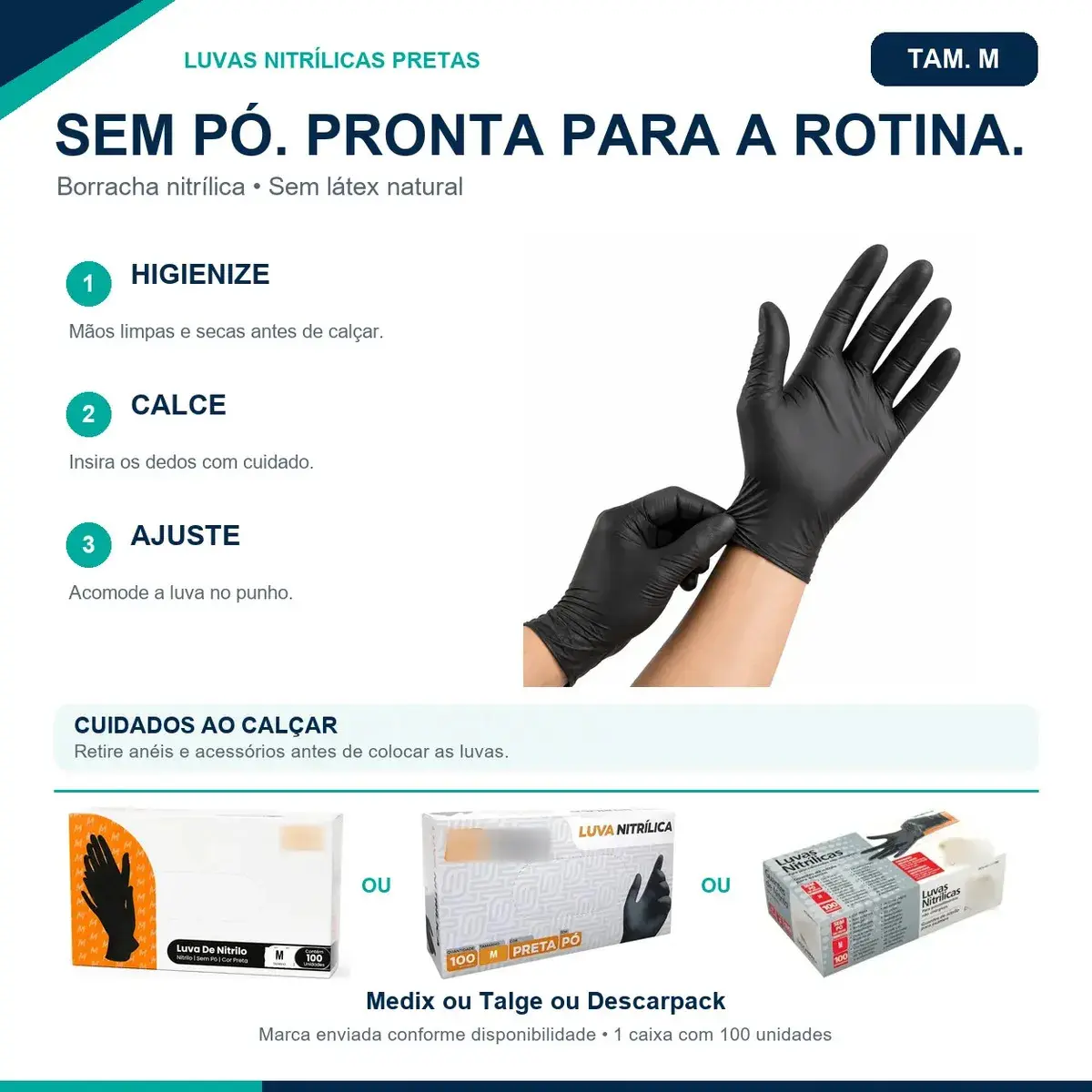 Luva Nitrílica Preta Descartável Tamanho M 100 Unidades antiderrapantes thumbnail 9