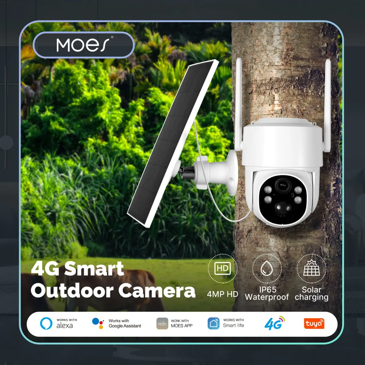MOES Tuya 4G/WIFI 4MP Câmera de segurança inteligente de vigilância Carregamento solar IP65 Rastreamento humano à prova d'água Visão noturna colorida - 1
