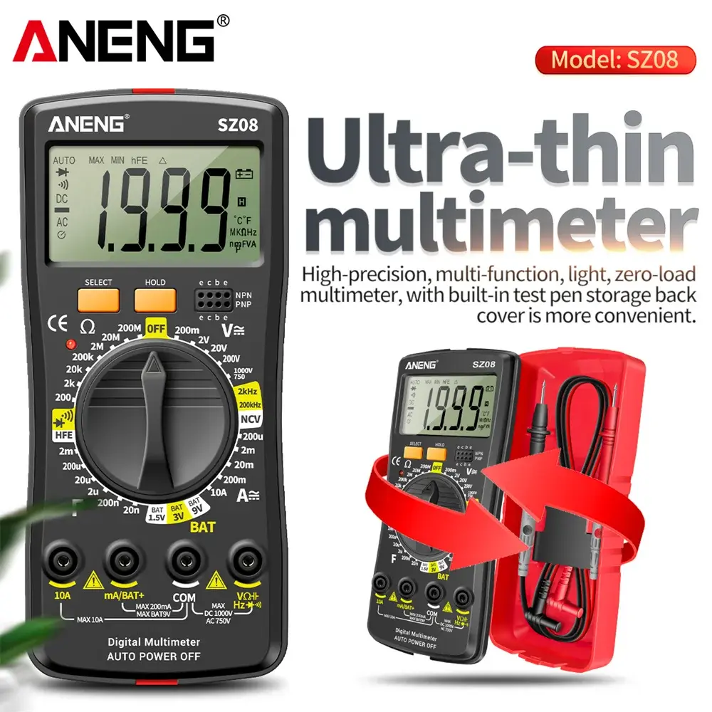 ANENG SZ08 Profissional Multímetro Digital, Medidor De Armazenamento Ultra Fino, Auto Voltímetro, AC, DC, 220V, Resistência, Testadores de Mão