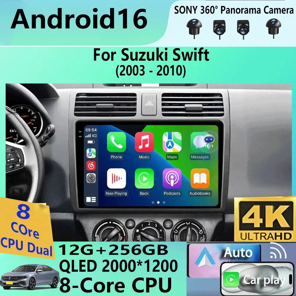 Rádio de Carro Android 2din 16 para Suzuki Swift 2003 - 2010, Reprodutor Multimídia Carplay, Estéreo GPS DVD