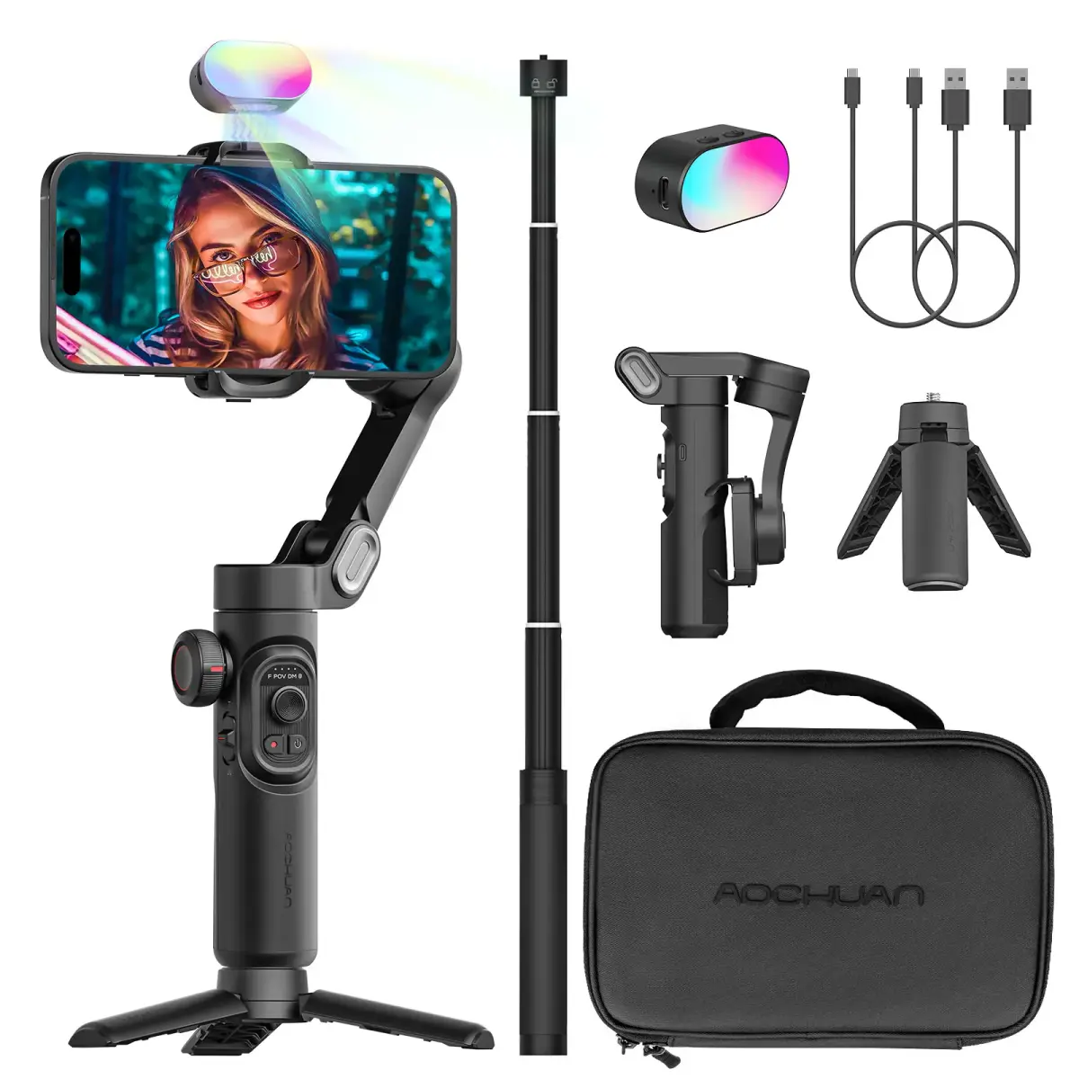 Estabilizador de Gimbal Portátil AOCHUAN Smart XE Combo1 de 3 Eixos para iPhone e Smartphones Android com Bastão Extensor - 1