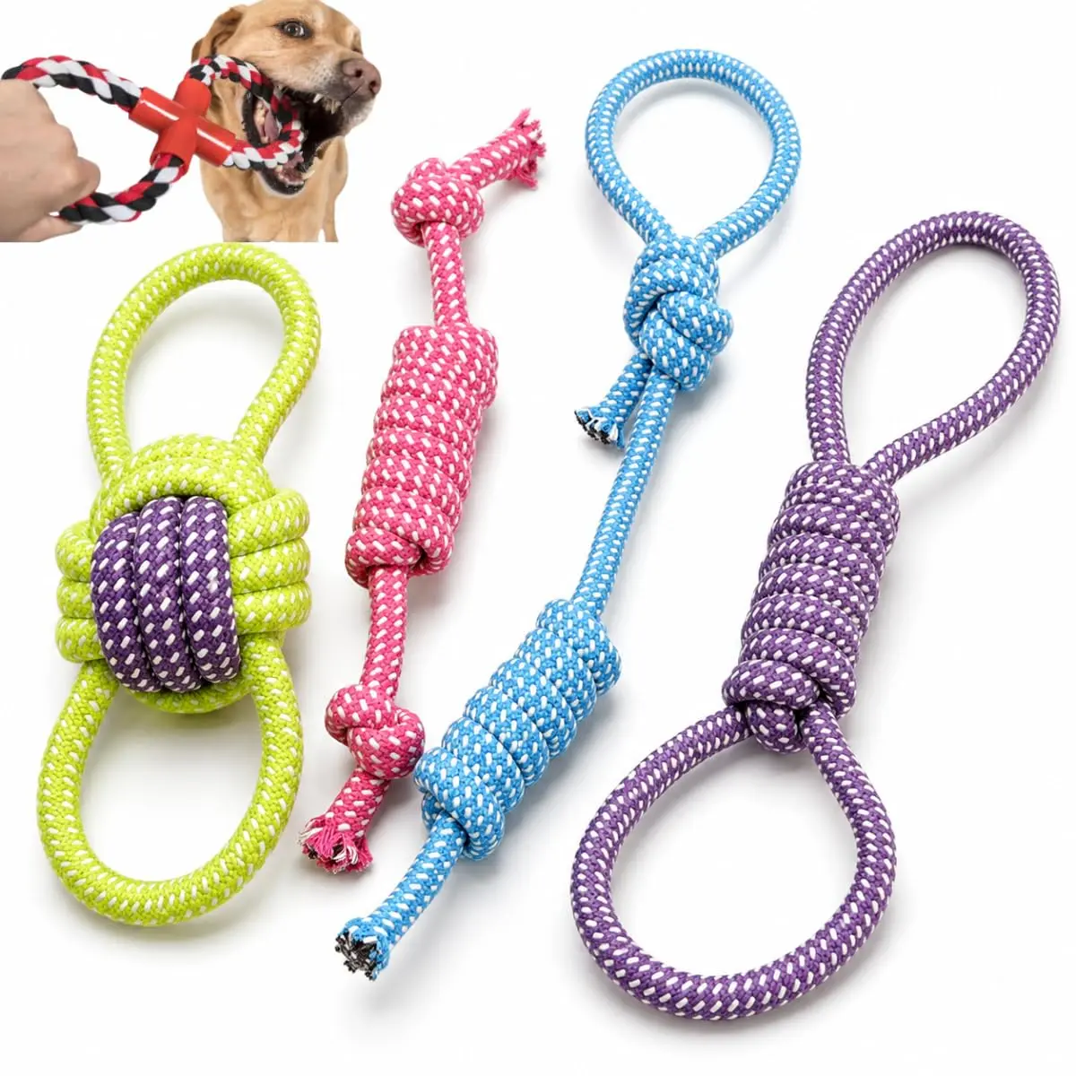 Kit 4 Brinquedo Pet Corda Resistente Interativo Cachorro Cão Forte Grande 100% Algodão Natural, Interativo e Durável para Cães de Grande Porte