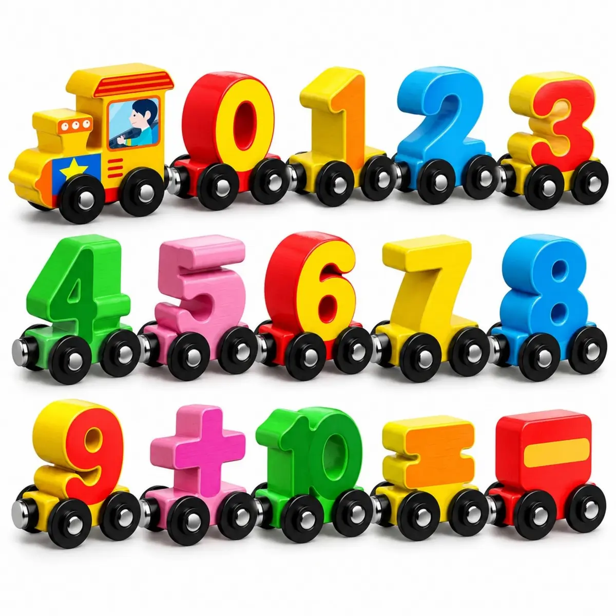 Trem Magnético de Madeira 15 Peças, Matemática Montessori 3 Anos+ | 15 Peças; Números de 0 a 10; Sinais +, − e =; Conexão Magnética; Até 102 cm Montado; Madeira; Para Crianças 3 Anos+