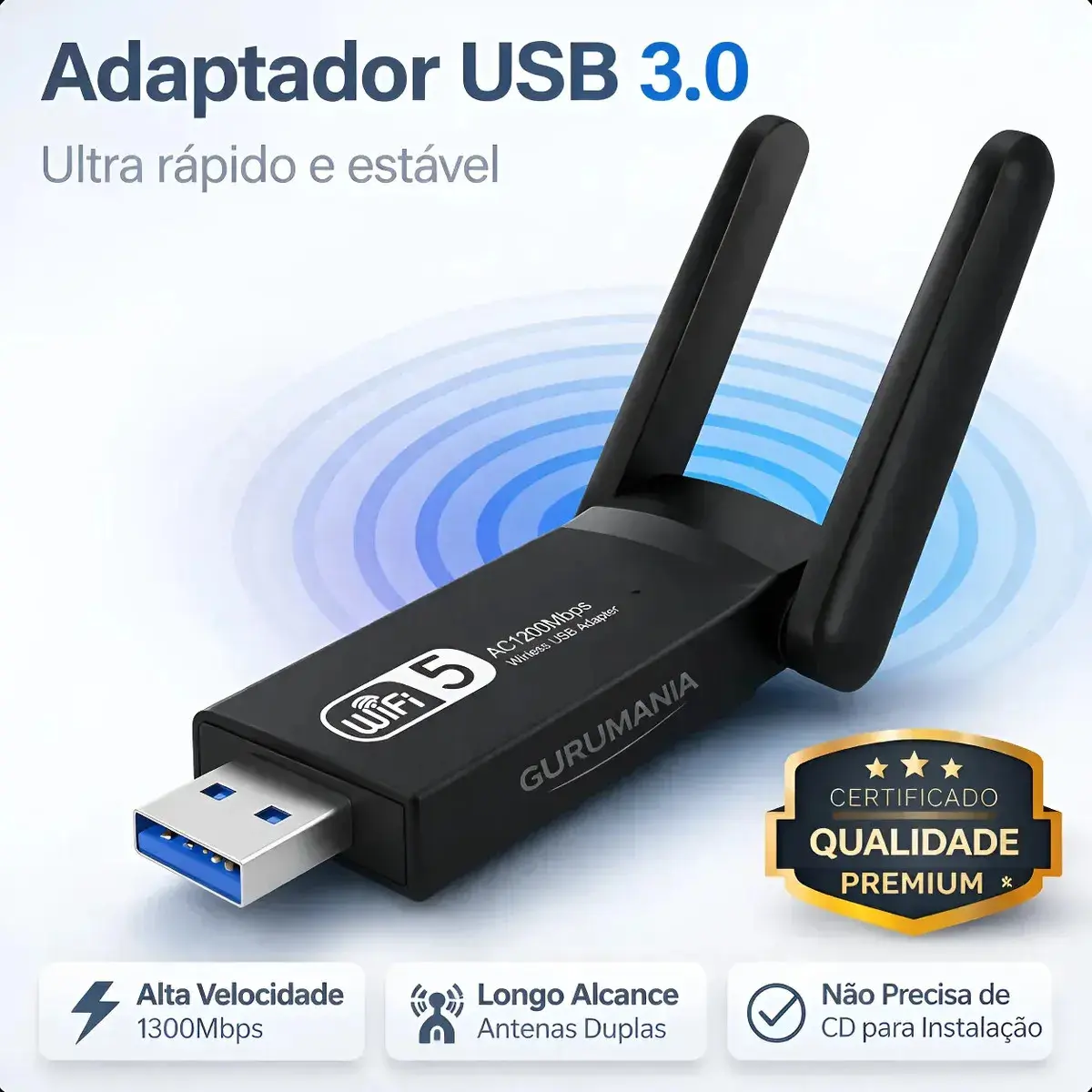 Adaptador Wifi Usb 3.0 Placa De Rede Para Computador Pc Notebook Dual Band 1300Mbps Gigabit 2 Antenas - Gurumania - 1