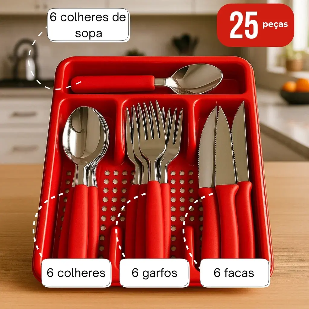 Jogo de Talheres Inox Com Suporte Gaveteiro de Brinde Talher Premium Sortido Completo Sopa - 1