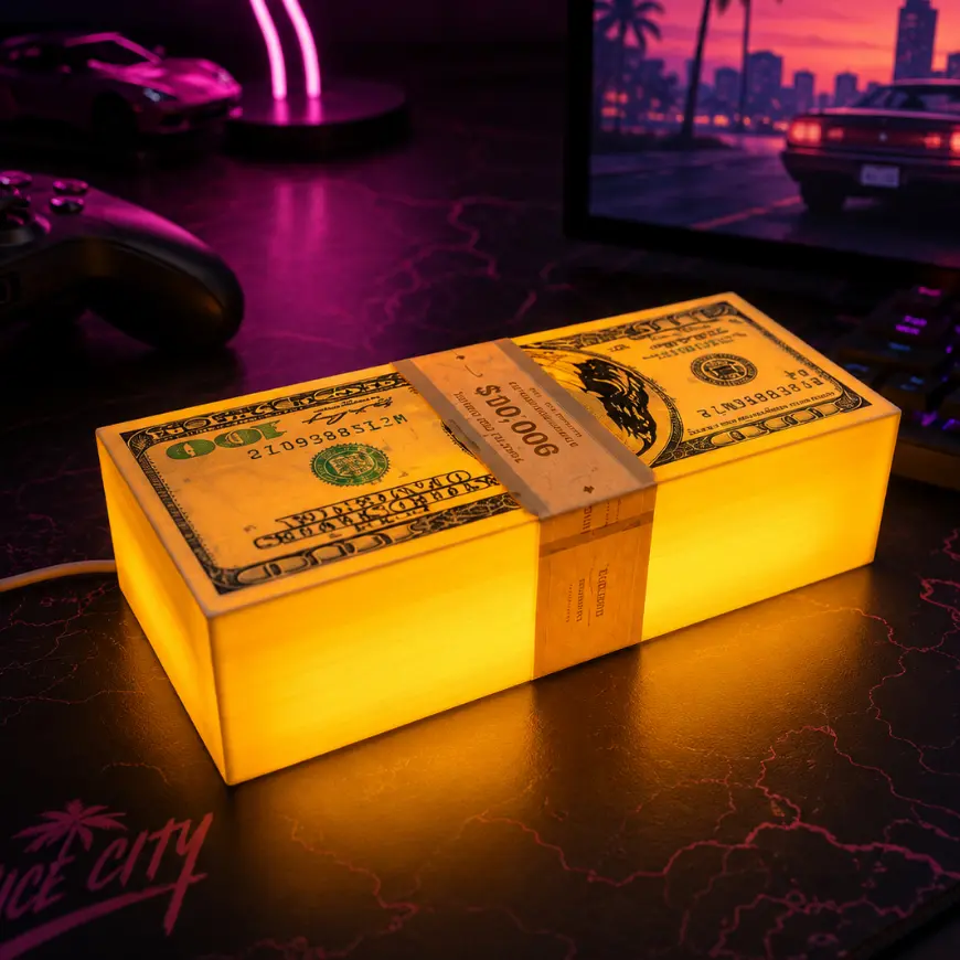 Dinheiro inspirado no GTA VI - Rotativo - Opção Sem Luz e Luminária com LED USB parece levitar igual no jogo GTA