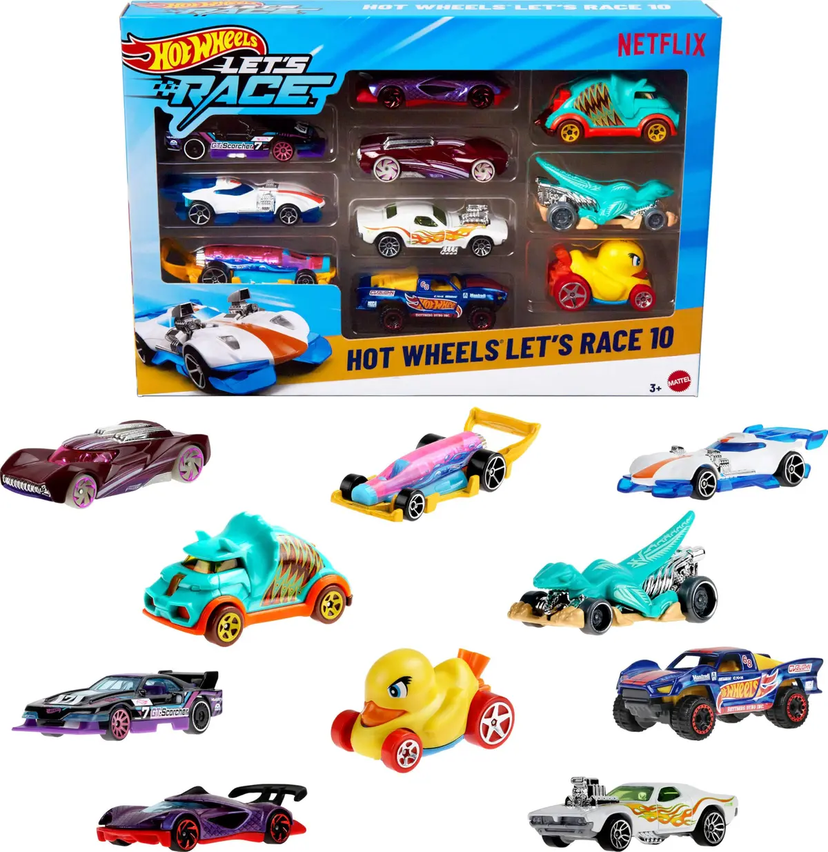 Hot Wheels Diecast Veículo de Brinquedo Let's Race Embalagem com 10 Carros Surpresa para crianças a partir de 3 anos