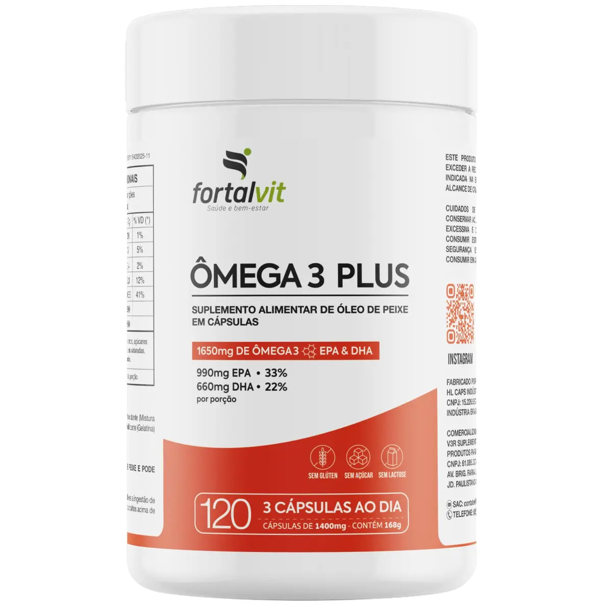 Ômega 3 Plus 1650mg - Alta Concentração 990mg EPA / 660mg DHA (33/22) - Proteção Antioxidante com Vitamina E, 120 Cápsulas, Fortalvit - 1
