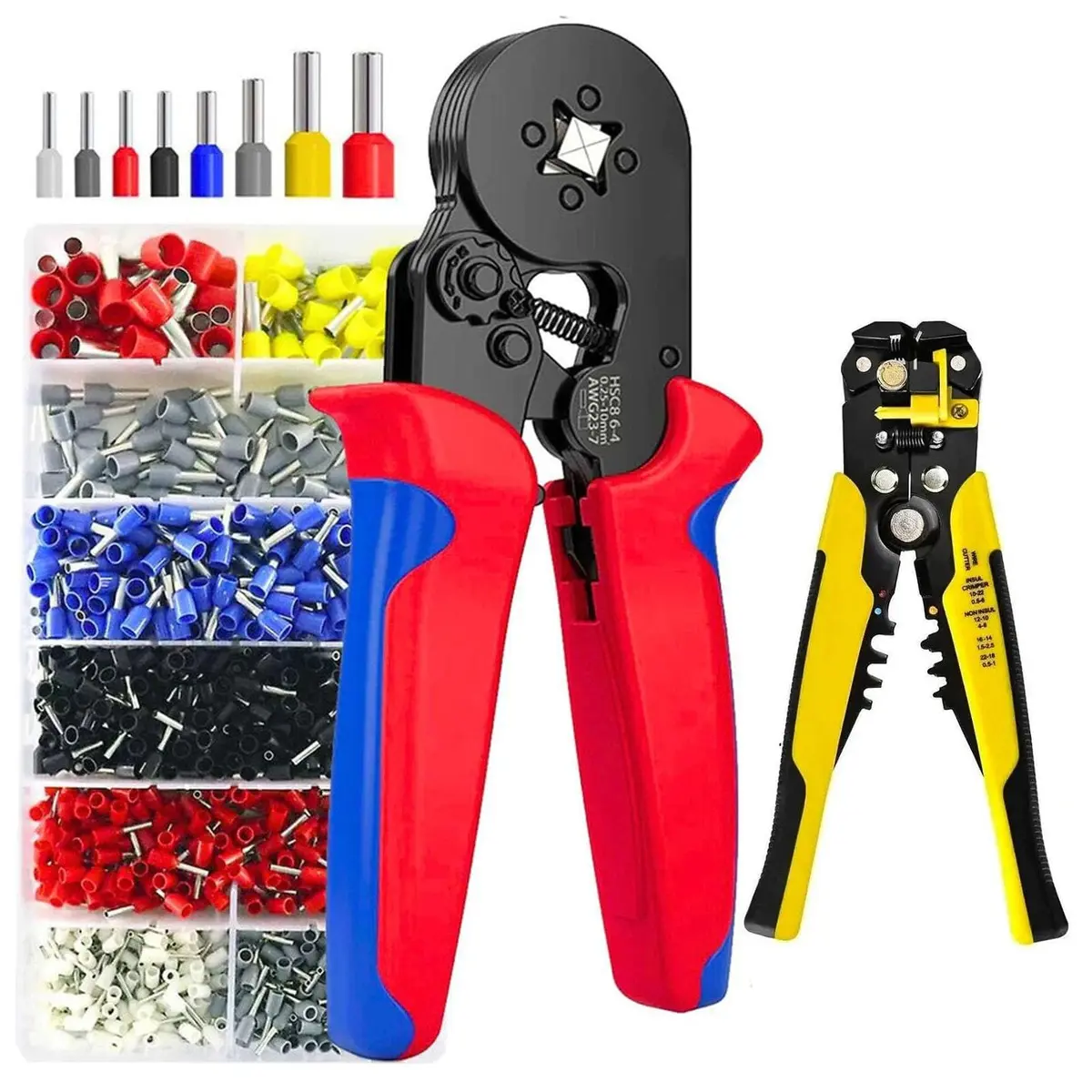 Kit com Descascador de Fios Autoajustável 3 em 1 (0,25-6 mm²) + Alicate de Crimpar com 1200 Terminais (0,25-10 mm², Ponteira Quadrada de Aço) – Para Serviço Pesado - 1
