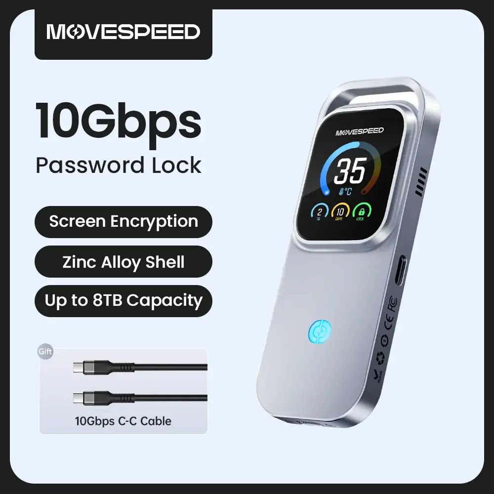 MOVESPEED AC10 10Gbps M.2 NVMe PCIe SSD Enclosure USB-C 3.2 TurboX Caixa SSD com Tela Sensível ao Toque Inteligente e Criptografia, Case ProCool em Liga de Zinco