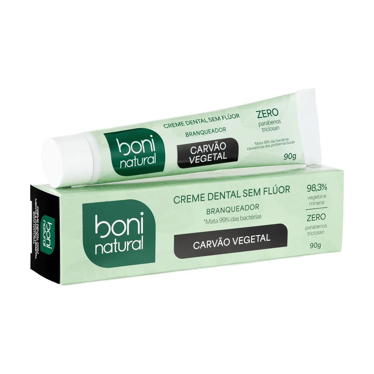 BONI NATURAL - Creme Dental Carvão Ativado Branqueador Com Carvão Vegetal, Vegano e Natural Sem Flúor, Sem Triclosan, 90g