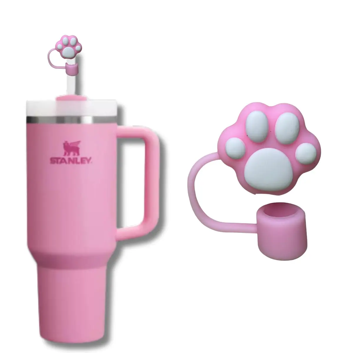 Tampa para Canudo Tampa Protetora de Silicone para Canudo Copo Stanley 10mm Higiene Praticidade para Seu Copo e Garrafa (Pata de Gato Branca e Rosa) - 1