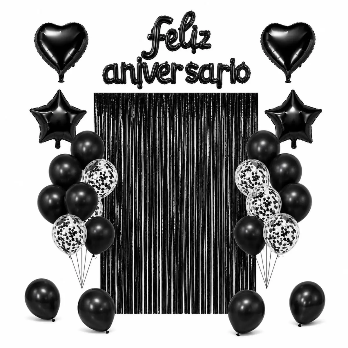 Kit Feliz Aniversário 26 Peças com Balões Cortina e Letreiro Preto | Inclui cortina metalizada, balões e letreiro luminoso. Decoração completa para festa