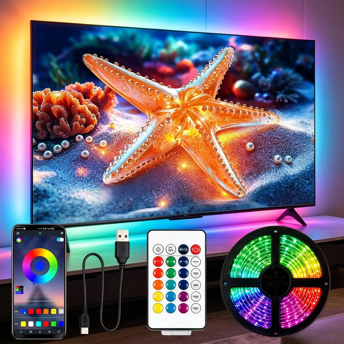 Fita de LED para Fundo de TV 5m, 30 LEDs, Modo RGB com 55 Efeitos, Controle Remoto, Adequada para TVs de 45-75 Polegadas, Ideal para Salas e Festas - 1