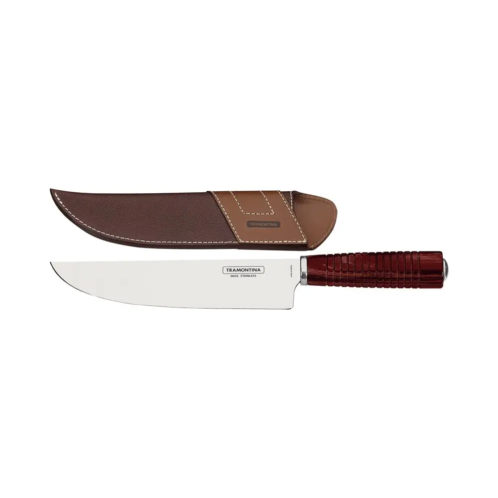 Faca Tramontina para Carne 8" em Aço inox e Cabo Vermelho Polywood com Bainha de Couro