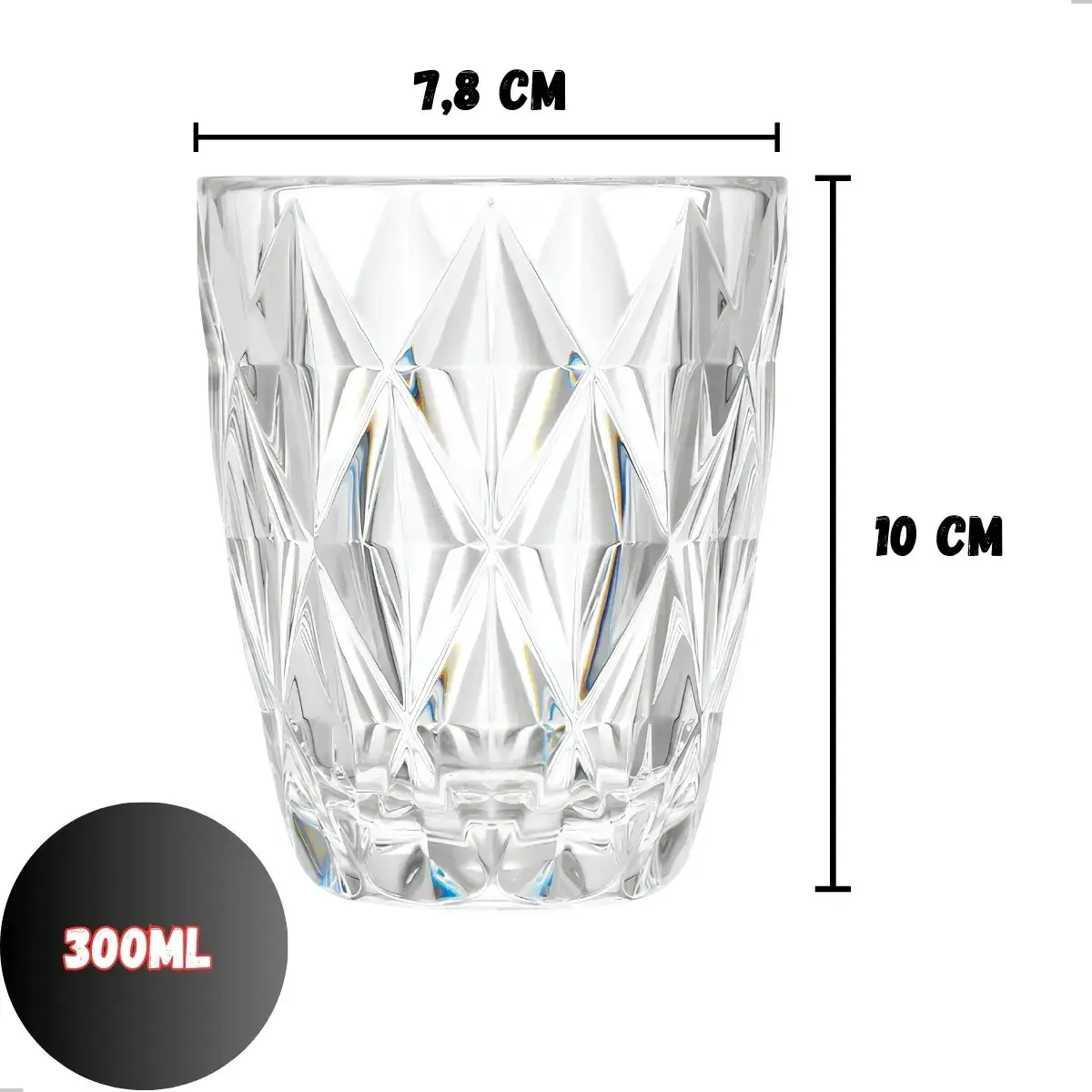 Jogo 6 Copos Vidro Diamante Grosso Resistente Agua 300ml Branco Ms Variedades thumbnail 2