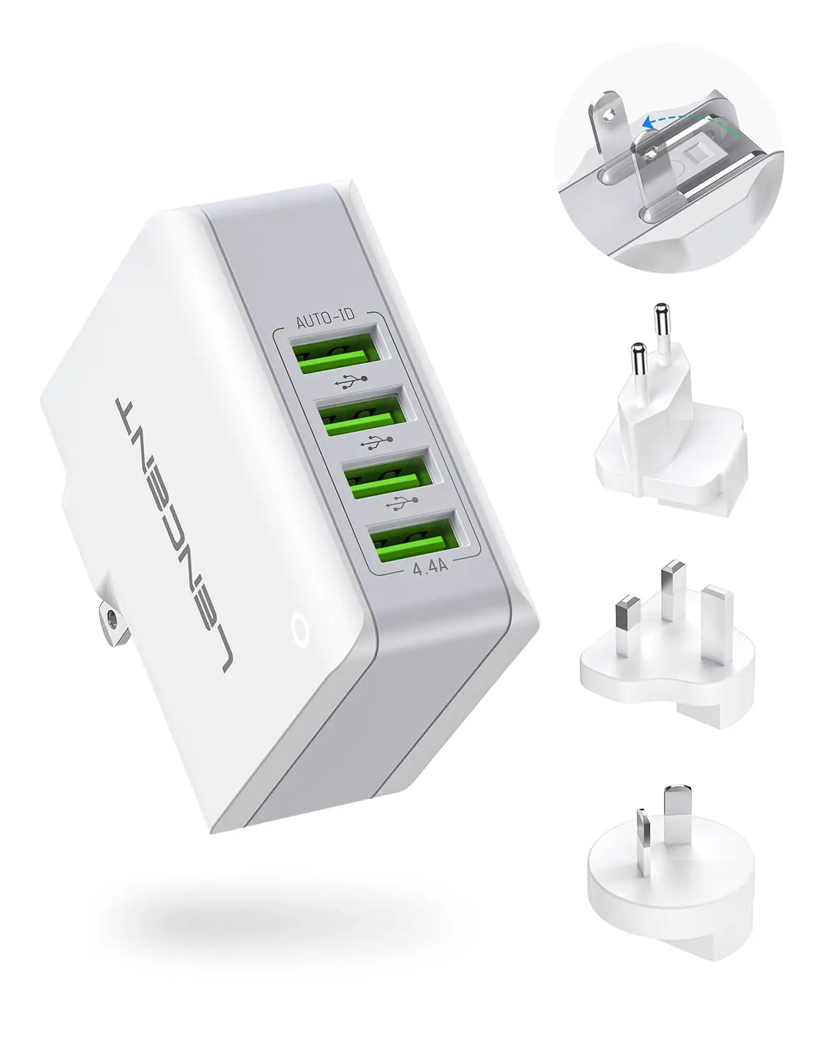 LENCENT Carregador de Parede Múltiplo, Adaptador Viagem com 4 Portas USB | Carregador Universal para Celulares para Reino Unido, EUA, UE, Europa e Austrália, Compatível com iPhone e iPad - 1