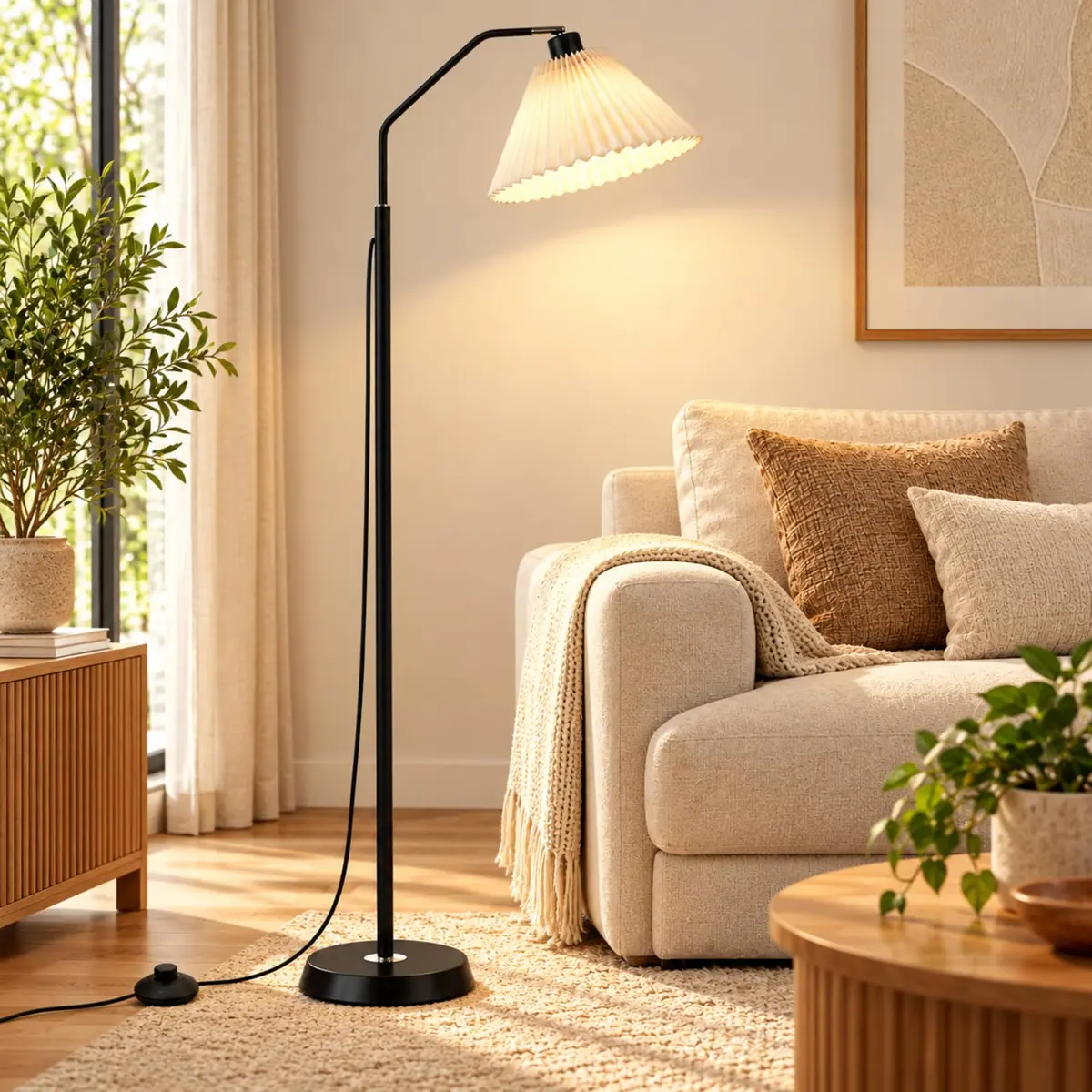 Luminária de Chão E27 12W 3 Cores Abajur para Sala e Quarto | Lâmpada com lâmpada E27 12W, 3 temperaturas, cúpula de linho, 960 lm, base metálica e interruptor de pé.155*28*21.5CM - 1