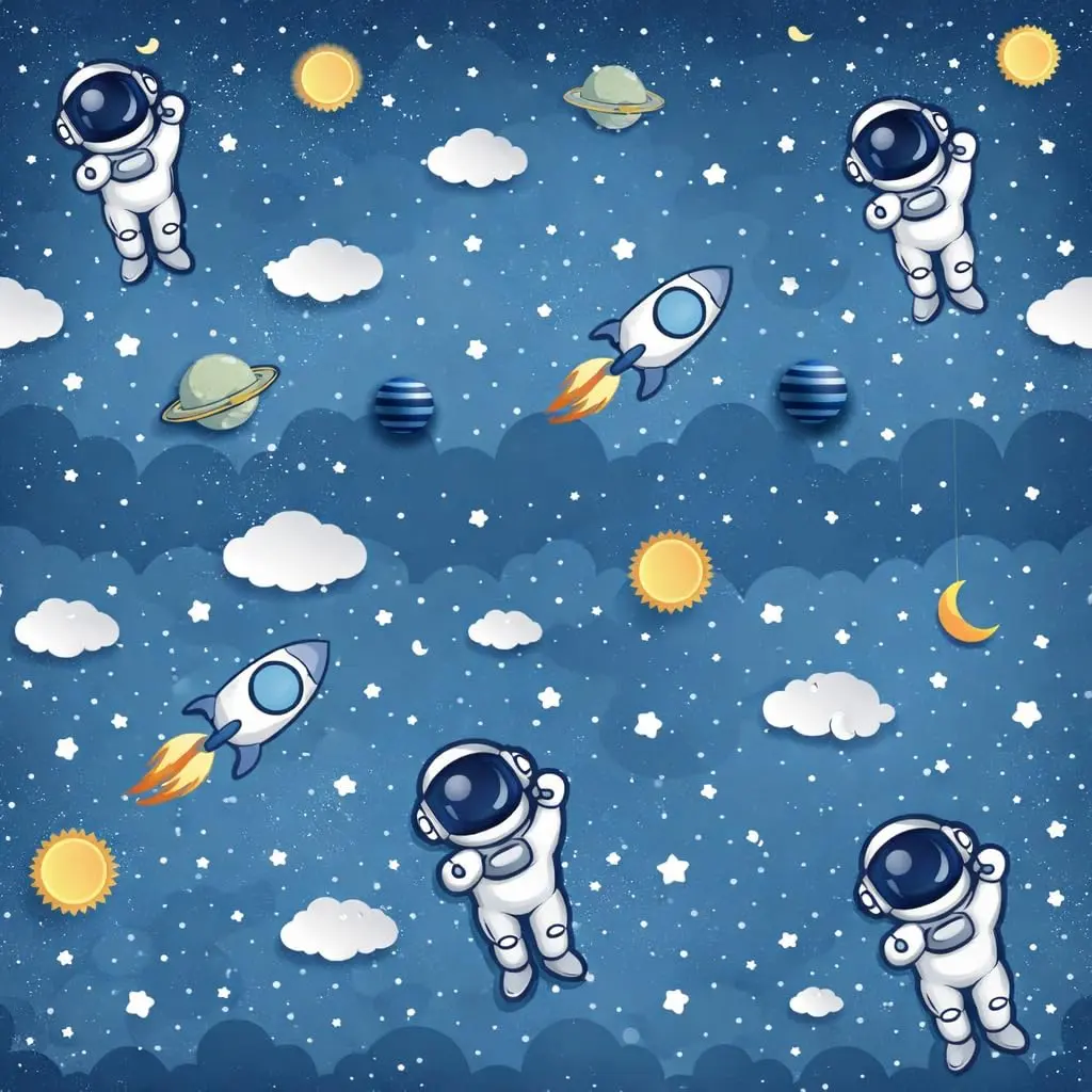 Papel de Parede Adesivo Decorativo Tema Espacial com Astronautas e Planetas, Azul, 5m x 45cm