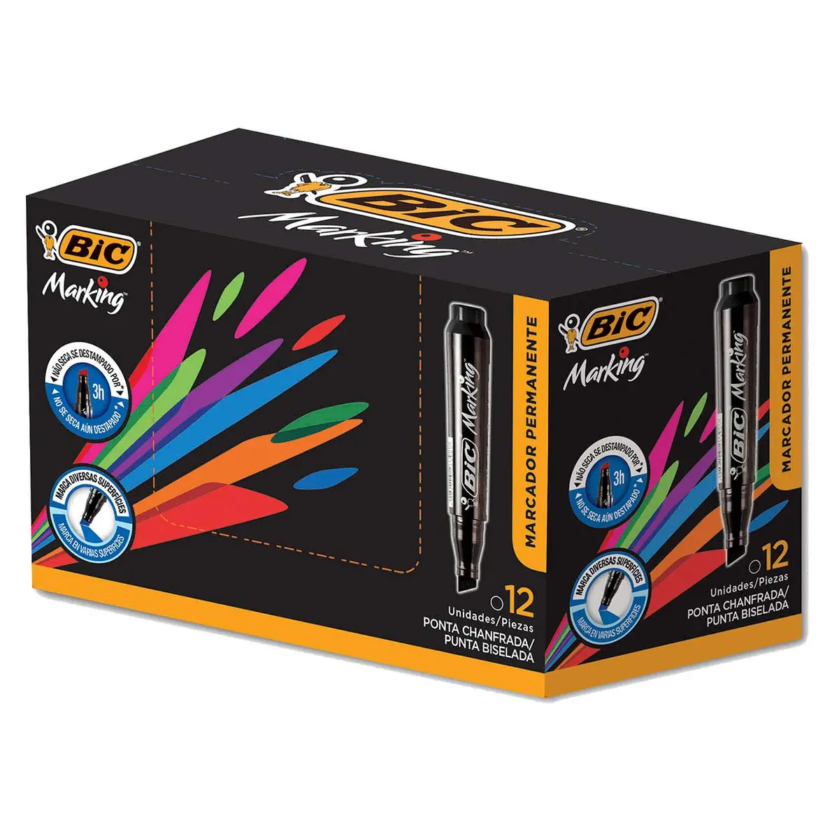 Pincel Marcador Permanente BIC Marking, Preto, Recarregável, Ponta Chanfrada, 1.5 a 3.0mm, 904386, 12 unidades