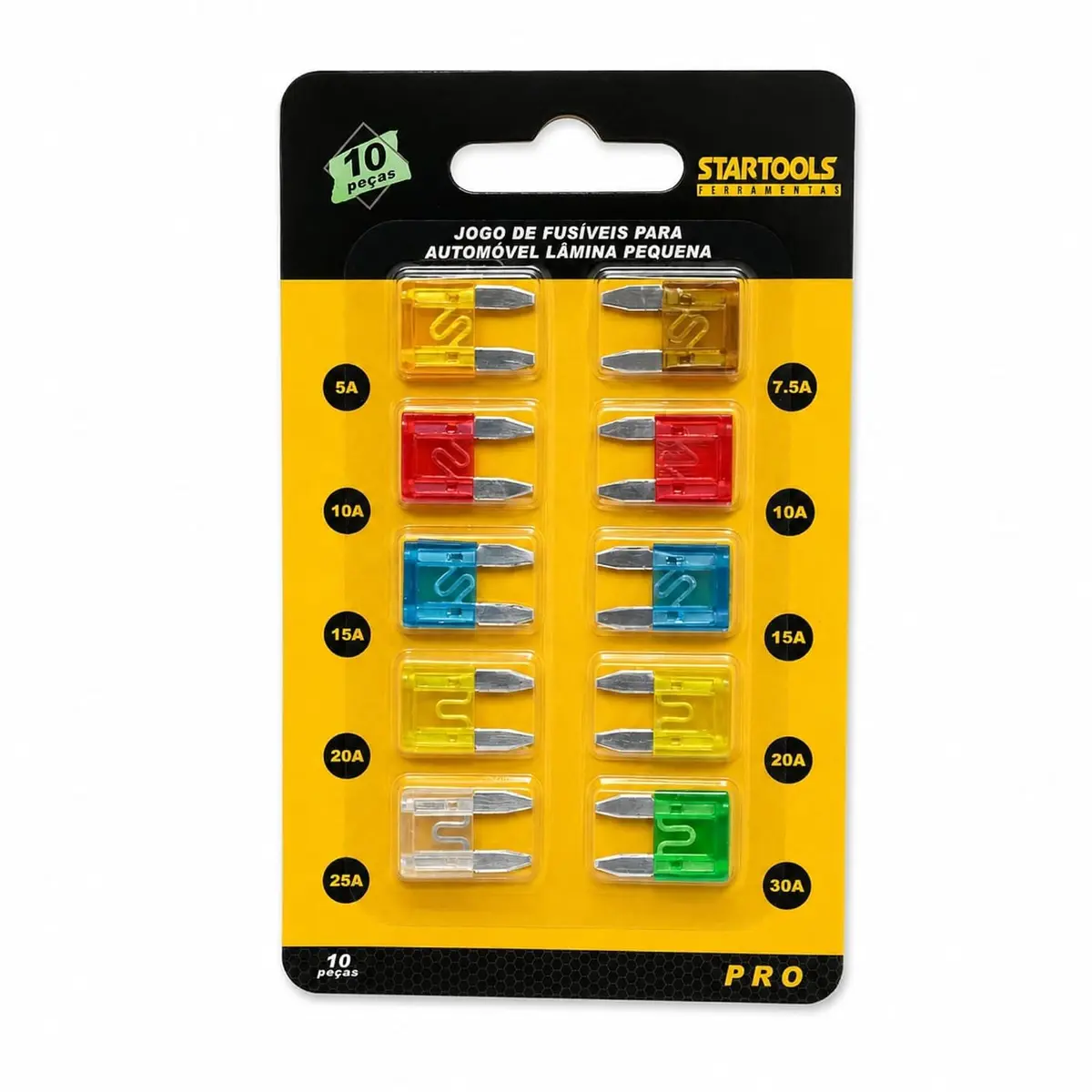 Jogo de 10 Fusíveis Mini Automotivo 5A a 30A – 10 Peças Coloridas (5A Ouro, 7.5A Marrom, 10A Vermelho, 15A Azul, 20A Amarelo, 25A Transparente, 30A Verde) – Tipo Lâmina Universal
