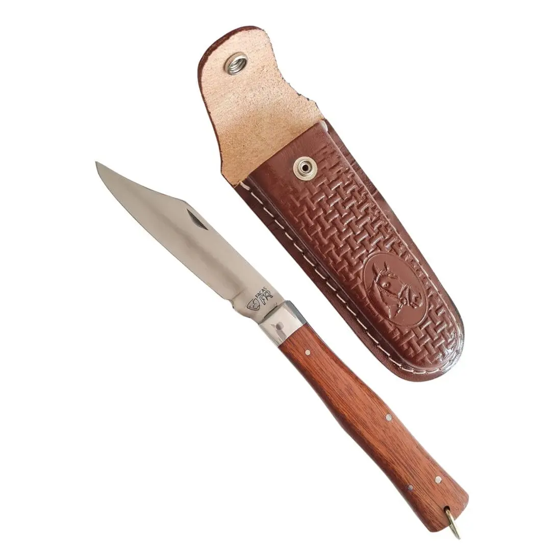 Canivete FACAS FR Aço Inox Lâmina 12cm Cabo Madeira Bainha Couro Dobrável | Canivete artesanal dobrável com trava de segurança para churrasco camping pesca e uso rural aberto 26 cm ambidestro