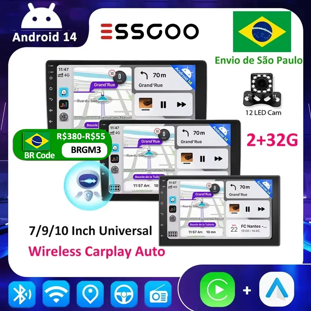 Essgoo android 14 rádio do carro carplay vídeo multimídia automático 7/9/10 ''estéreo universal para volkswagen nissan hyundai kia toyota