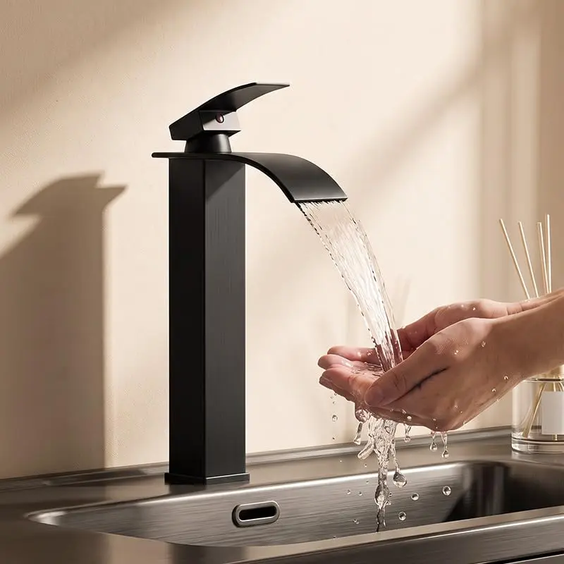 Heemli Torneira Banheiro De Mesa Bica Alta 1/4 De Volta Aço Inox 304 Saída da cachoeira Preto fosco (Aço Escovado)
