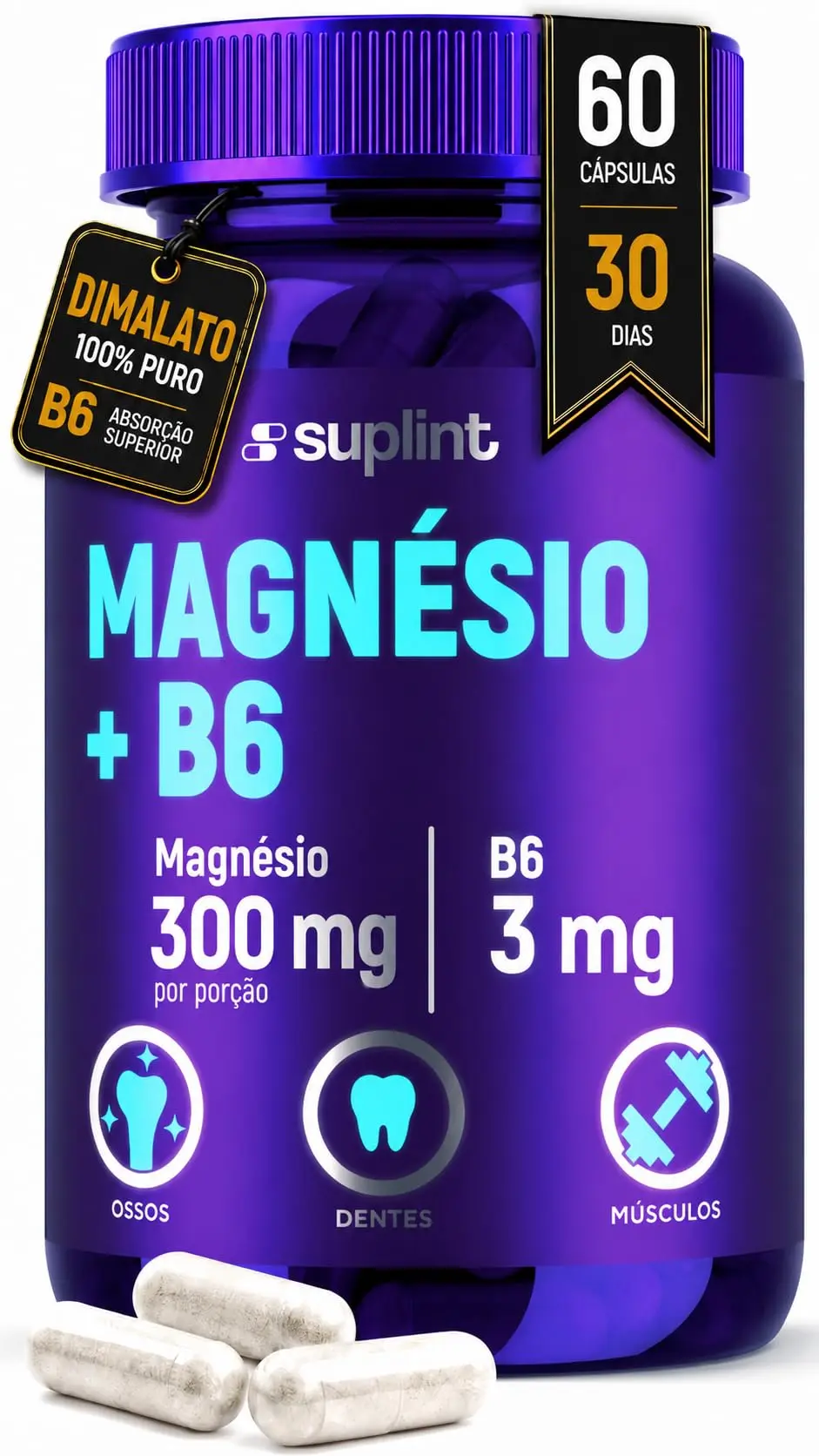 Magnésio Dimalato, 300 mg de Magnésio Elementar com Vitamina B6 – Suplemento de Magnésio para Ossos e Músculos – Sem Glúten, Sem OGM – 60 Cápsulas