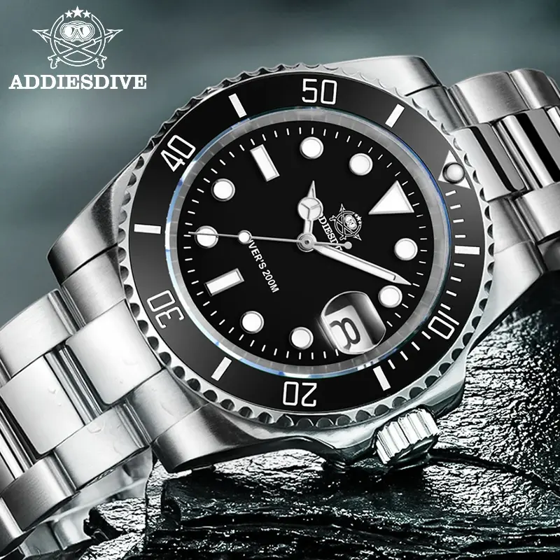 Addiesdive relógio clássico masculino com moldura de cerâmica 200m resistente à água relógio de quartzo casual bgw9 azul luminoso presente relógio MY-H3-2 - 1
