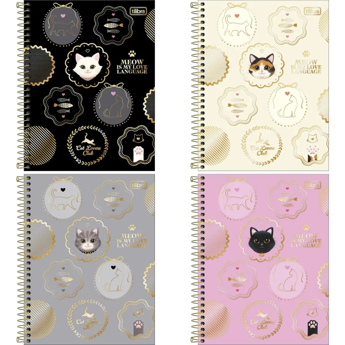 Cadernos Tilibra Purrfect Cats, 10 Matérias, 120 Folhas, Pack com 4 | Capa Dura, Colegial