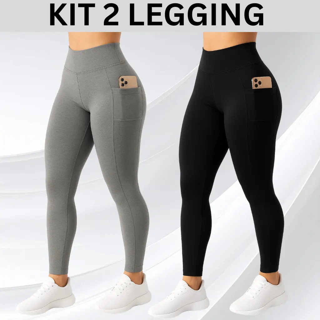 2 Calças Legging com Bolso Lateral Suplex Cós Alto Largo Academia Crossfit Verão Fitness