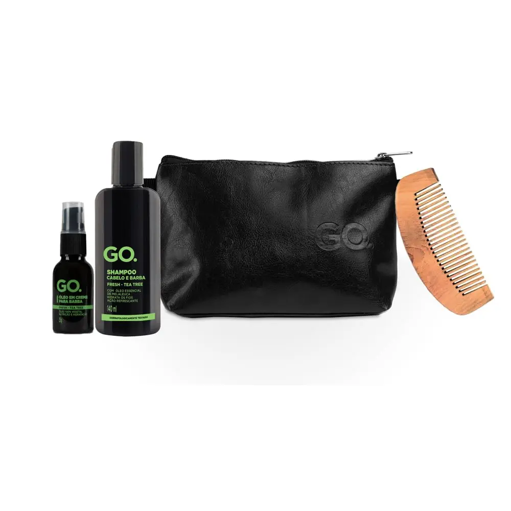 Kit de Cuidados para Barba Go Man, Tea Tree | Shampoo, Óleo, Necessaire, Pente Antiestático, Anticaspa, Natural, Anticoceira