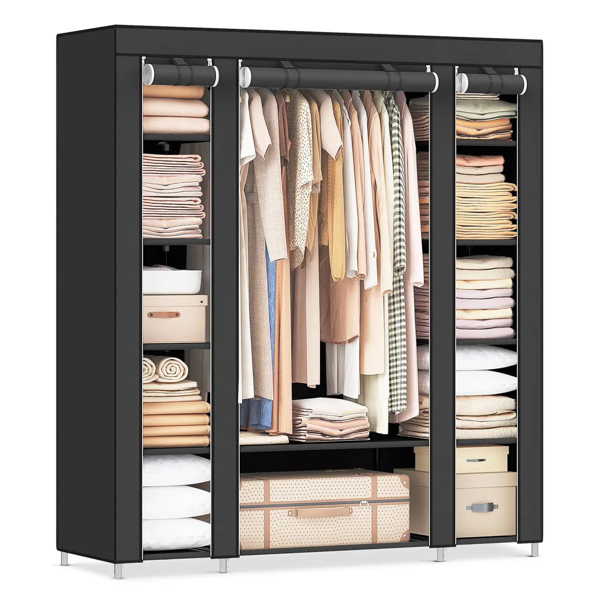 SONGMICS Guarda-roupa de Tecido, Cabideiro, 12 Prateleiras, Estrutura de Metal, para Quarto, 45 x 150 x 175 cm, Preto BRLSF03H - 1